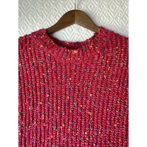 Main Strip Distressed Mini Pom Pom Confetti Sweater Red Multi Size LARGE Womens